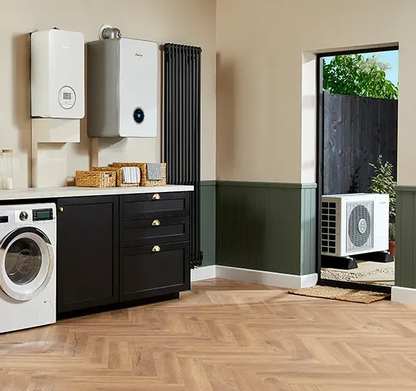 Hybrid heating system combining an air source heat pump with a gas boiler.
