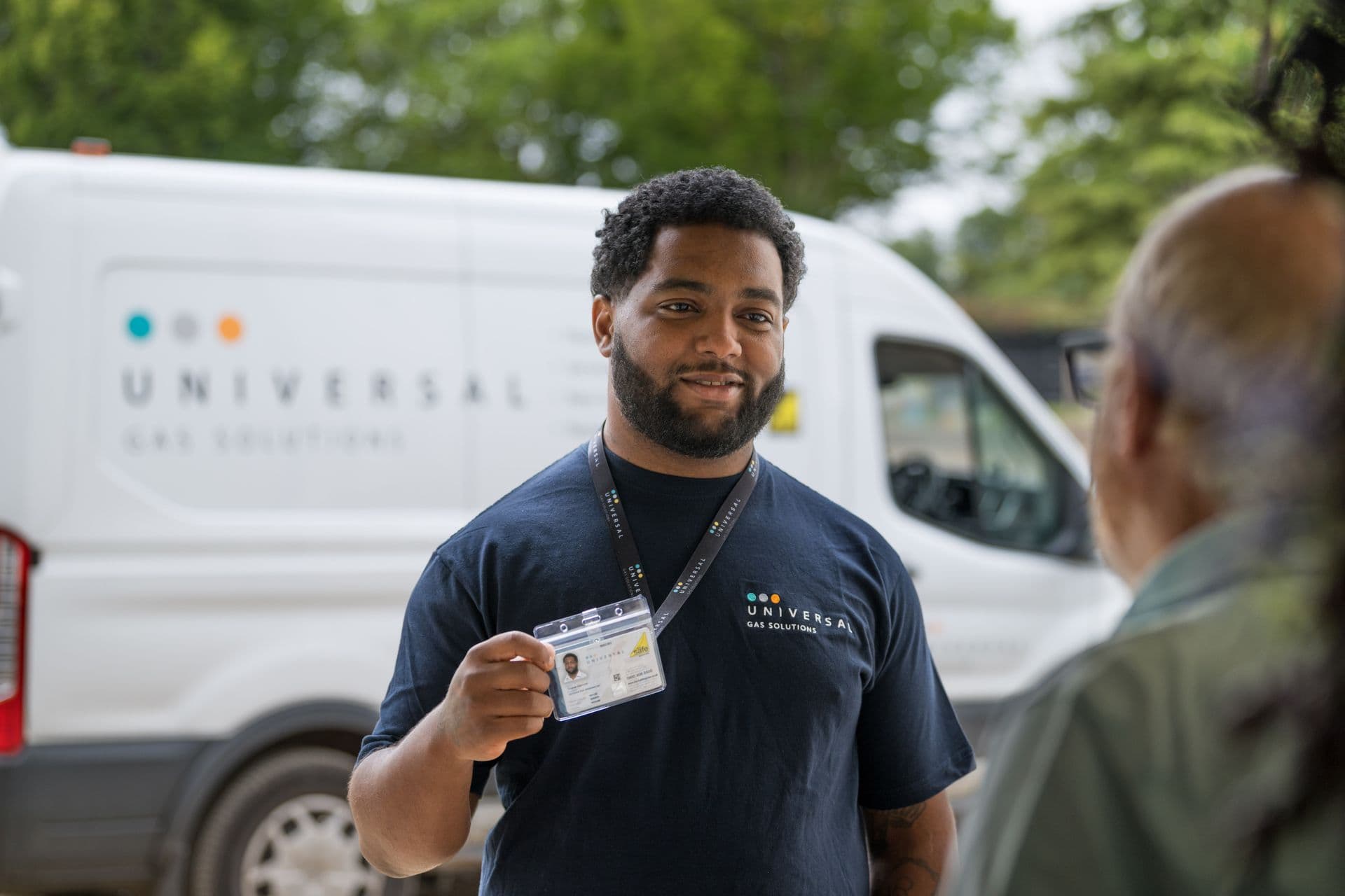 A Universal engineer at the back of a works van